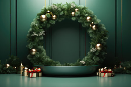 Podium for product display and Christmas baubles decoration. Generative AIの素材