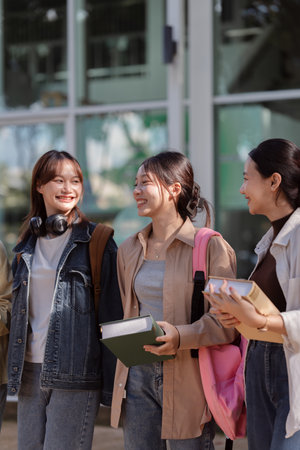 university students using a digital tablet while walking to next classの写真素材