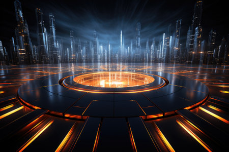 Abstract technology hud interface hologram elements neon lights, circle percent vitality innovation on hi tech future design. Generative AIの素材