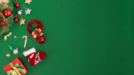 Christmas blank greeting card mock-up scene. Creative layout made of Christmas tree branches with...