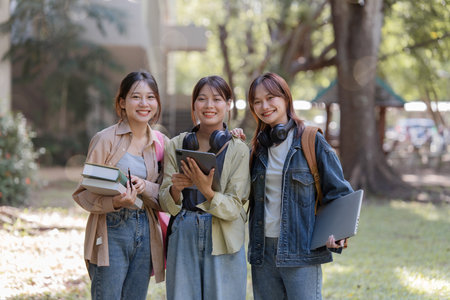 university students using a digital tablet while walking to next classの写真素材