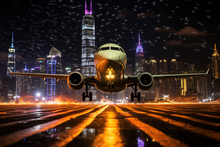 Abstract night cityscape background. Smart city, ai and digital transformation concept. Double exposureの素材