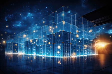 Abstract night cityscape background. Smart city, ai and digital transformation concept. Double exposureの素材