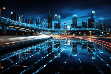 Abstract night cityscape background. Smart city, ai and digital transformation concept. Double exposureの素材