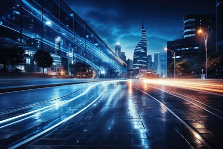 Abstract night cityscape background. Smart city, ai and digital transformation concept. Double exposureの素材