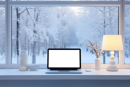 Laptop with blank screen in house and winter season. Generative AIの素材