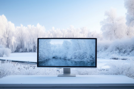 Laptop with blank screen in house and winter season. Generative AIの素材