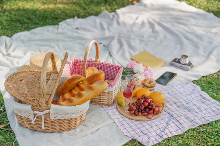 Picnic basket with fruit and bakery on a blanket in the park. Summer picnic with fresh fruits and croissants in the gardenの写真素材