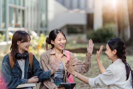 Group of Asian college student happy and celebrate after exam successの写真素材
