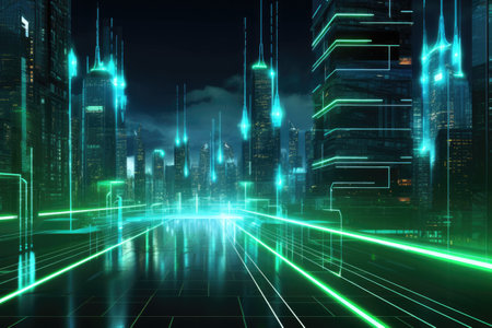 Abstract night cityscape background. Smart city, ai and digital transformation concept. Double exposureの素材