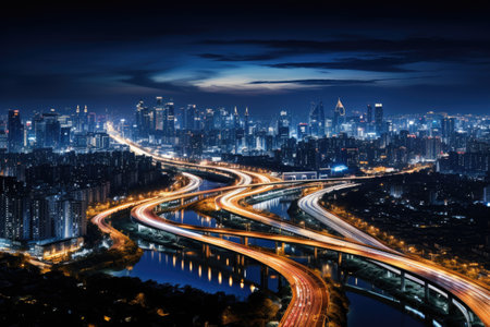 Abstract night cityscape background. Smart city, ai and digital transformation concept. Double exposureの素材