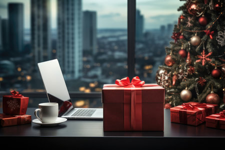 Workplace office decorate with Christmas and many gift box. Generative AIの素材