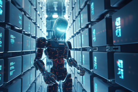 Cyber security concept. Robot working and protection at data center. Generative AIの素材
