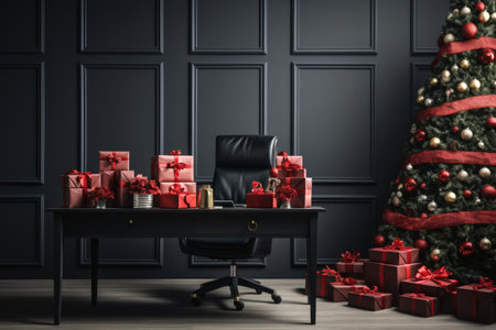 Workplace office decorate with Christmas and many gift box. Generative AIの素材