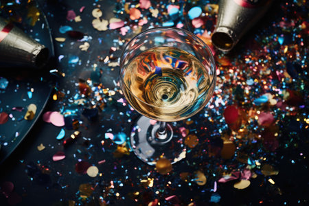 Champagne glass in Happy birthday or new year party decorate with balloon. Generative AIの素材