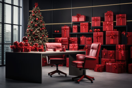 Workplace office decorate with Christmas and many gift box. Generative AIの素材