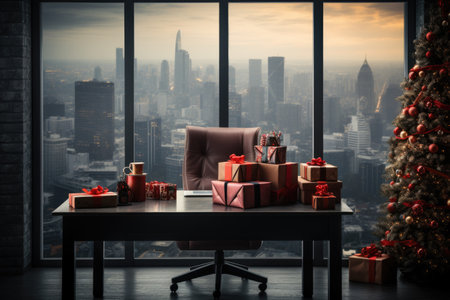 Workplace office decorate with Christmas and many gift box. Generative AIの素材