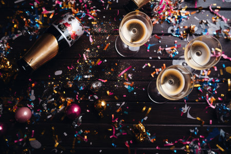 Champagne glass in Happy birthday or new year party decorate with balloon. Generative AIの素材