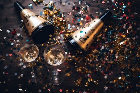 Champagne glass in Happy birthday or new year party decorate with balloon. Generative AIの素材