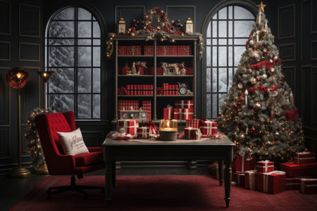 Workplace office decorate with Christmas and many gift box. Generative AIの素材