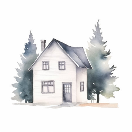 Watercolor cute house with tree on isolate background. Generative AIの素材