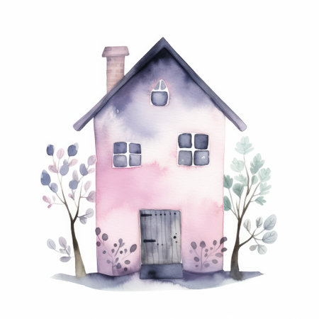 Watercolor cute house with tree on isolate background. Generative AIの素材