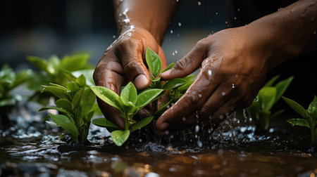 Closeup Volunteer hand planting potted plant. Generative AIの素材