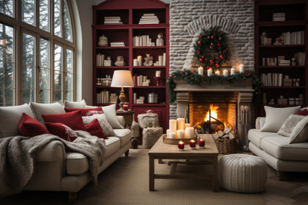 fireplace decorate with red sock for Christmas festival. Generative AIの素材