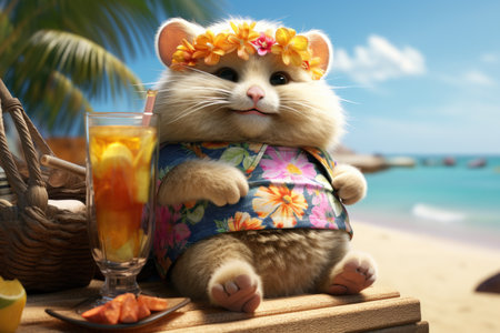 Chubby pet sitting beach chair at summer season. Generative AIの素材