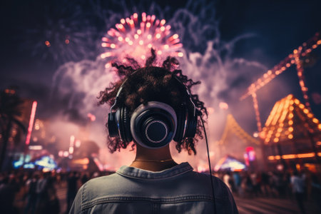 Woman at music festival with fire work. Generative AIの素材
