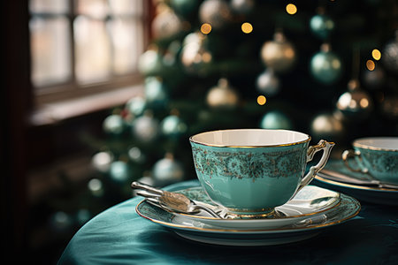 Coffee or Hot drink on table in house. Christmas festival concept. Generative AIの素材