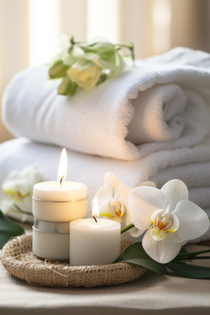 Towels with herbal bags in spa center. Generative AIの素材