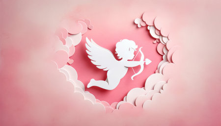 Valentines day cupid with bow and arrow on pink background. Generative AIの素材