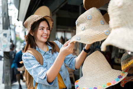 Young Asian woman backpack traveler traveling at local market. Journey trip lifestyleの写真素材