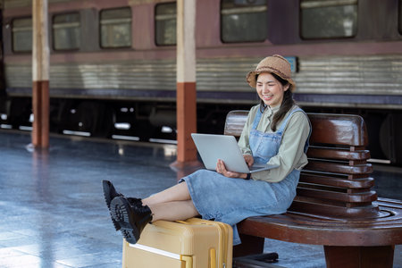 Woman traveler with backpack using laptop to planning vacation on holiday relaxation at the train stationの写真素材