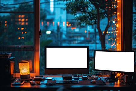 Modern workspace mockup with blank screen computer. Generative AIの素材