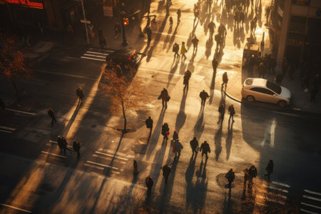 Crowd people in rush hour on a cross street. Generative AIの素材