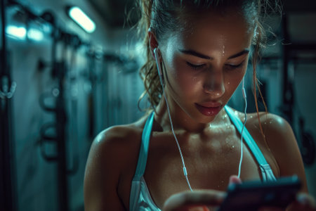 Athletes woman using smartphone at locker room. Generative AIの素材