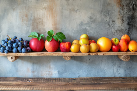 Fresh fruit on wooden desk with copy space. Healthy concept. Generative AIの素材