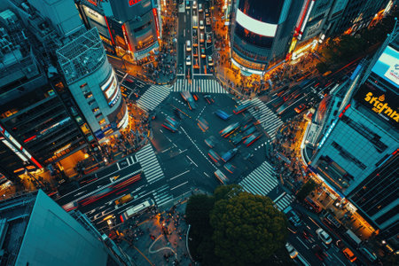 Abstract night cityscape background. Smart city, ai and digital transformation concept. Double exposureの素材