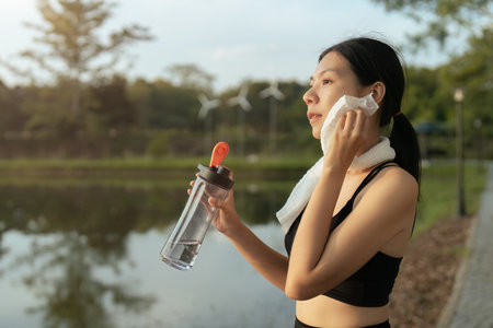 Young sporty woman taking a break and wiping sweat with a towel after runningの写真素材