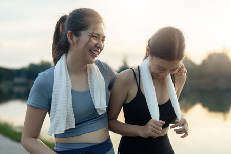 Fit friends woman are jogging in the park, having fun, taking a breakの写真素材