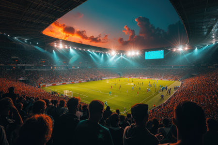 Soccer fan or football fan with flag at cheering while winning match. Generative AIの素材