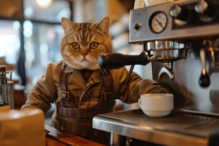 Cute Cat as barista and espresso machine at cafe. Generative AIの素材