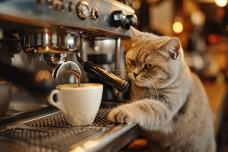 Cute Cat as barista and espresso machine at cafe. Generative AIの素材