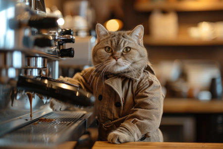 Cute Cat as barista and espresso machine at cafe. Generative AIの素材