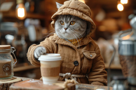 Cute Cat as barista and espresso machine at cafe. Generative AIの素材
