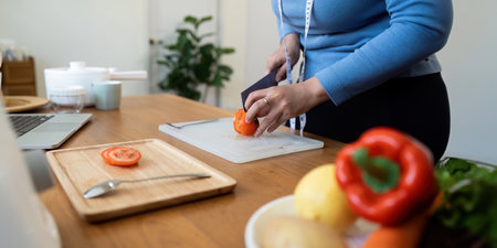 Fat women exercise healthily at home on leisurely day happily. overweight wellness at home conceptの写真素材