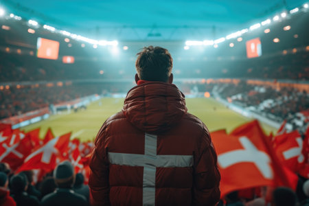 Soccer fan or football fan with flag at cheering while winning match. Generative AIの素材