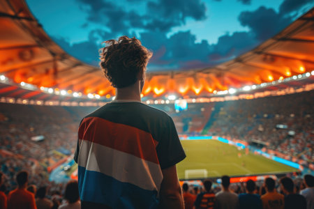 Soccer fan or football fan with flag at cheering while winning match. Generative AIの素材